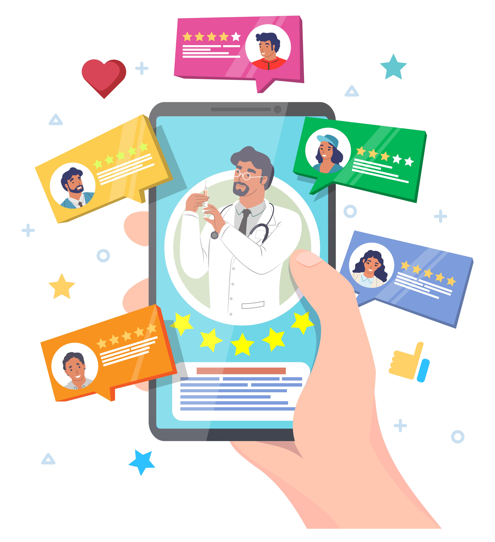 Illustration of mobile phone showing doctor getting 5-star reviews.