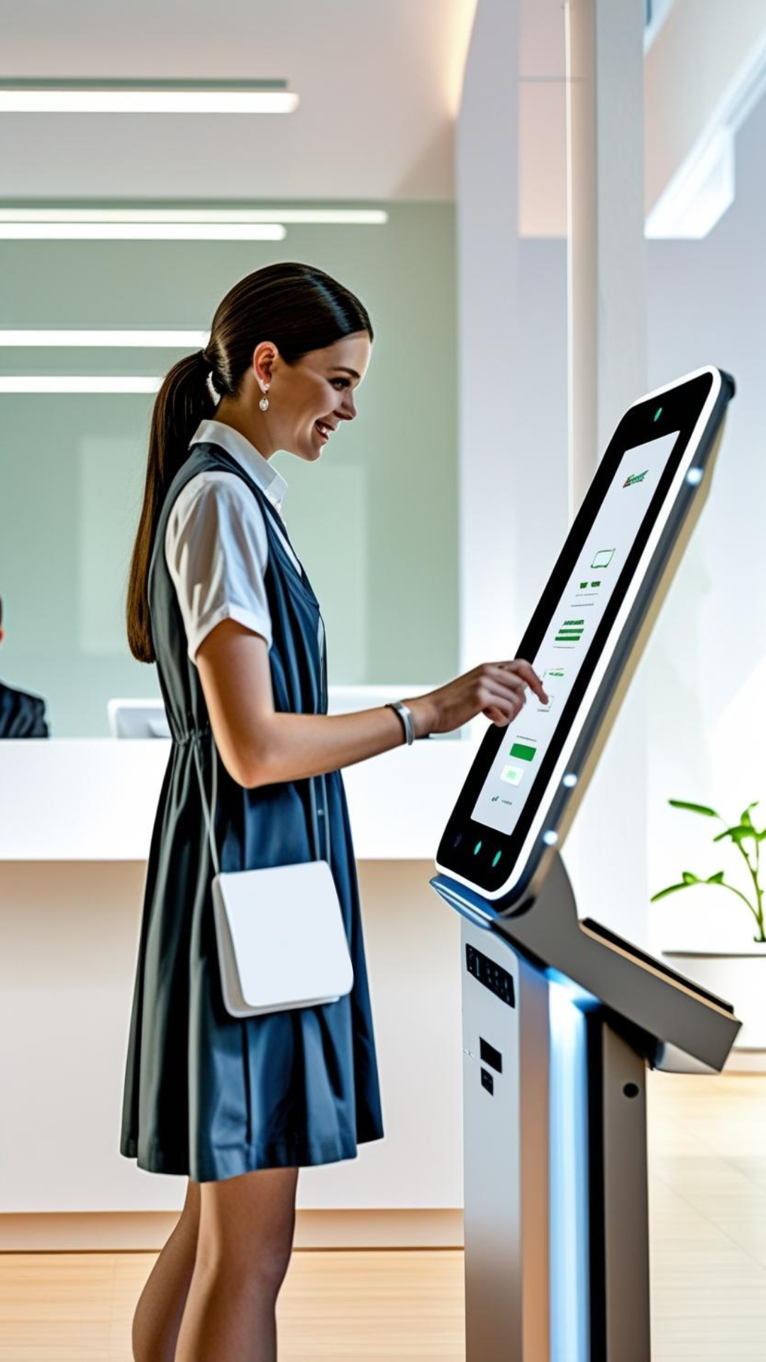 Woman in chiropractic waiting using Nada's Web Solutions' Google Review App on the kiosk.