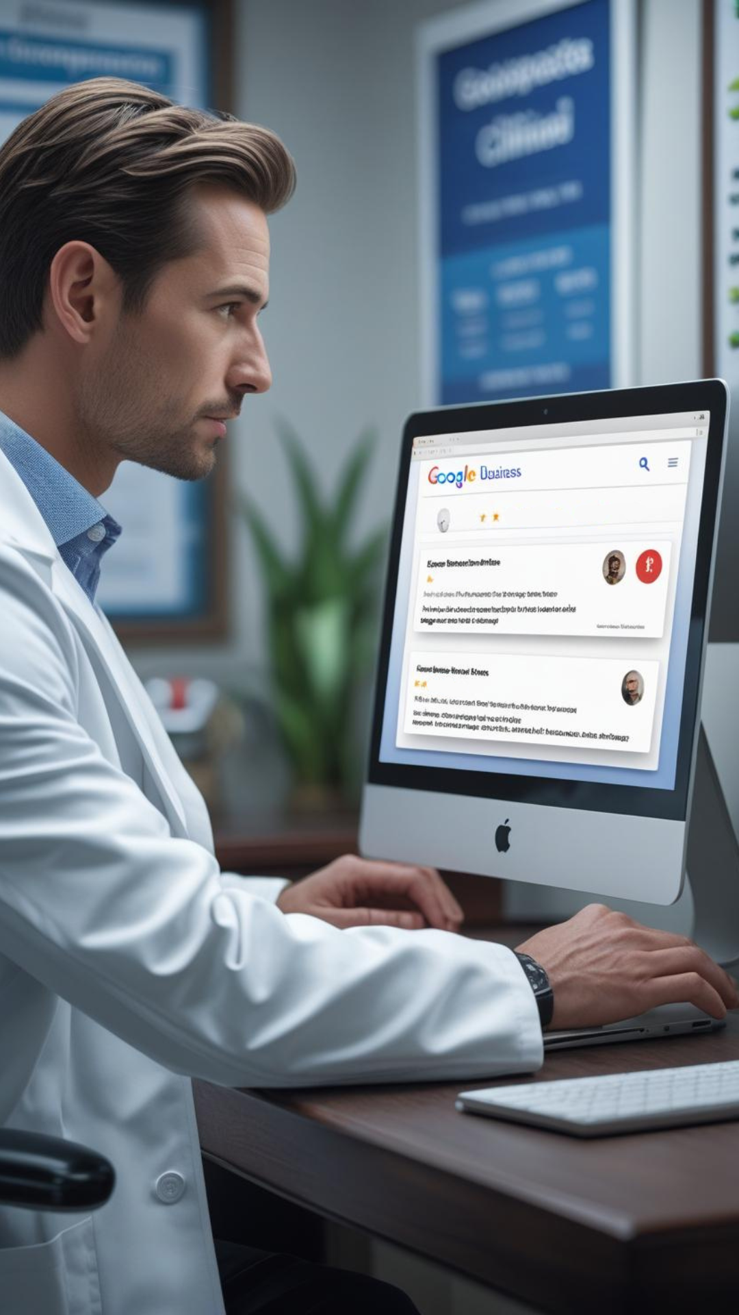 Chiropractor at laptop looking at low google reviews on google business profile.